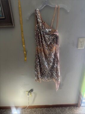 Mac Duggal Rose Gold Sequin One-Shoulder Mini Dress